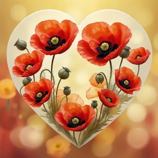 Prompt: Large heart shape with several semi-transparent poppies, dominant center poppy, yellowish mottled background, 4K quality, semi-realistic style, warm tones, soft lighting, detailed petals, floral design, ethereal atmosphere