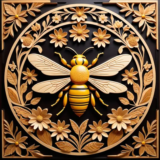 Prompt: Woodcut of a bee surrounded by flowers and leaves, intricate environment, Alison Kinnaird, arts and crafts movement, circular design in the center, high quality, woodcut, detailed carving, arts and crafts, intricate details, nature-inspired, warm tones, soft lighting,3d bas relief