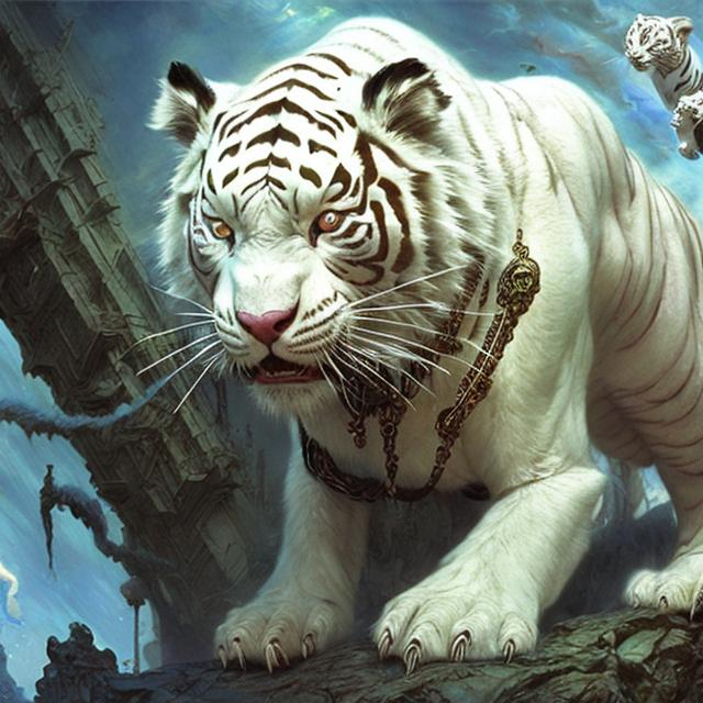 Prompt: <mymodel>A science fiction anthropomorphic white tiger in artstyle by Donato Giancola and Terese Nielsen