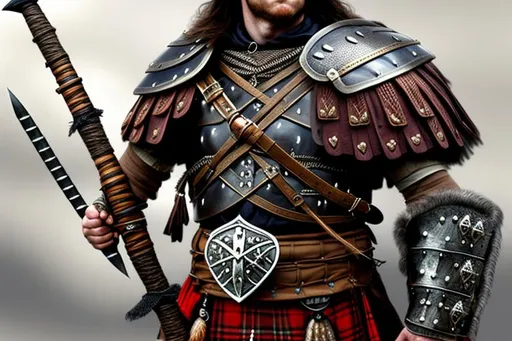 Prompt: Traditional Scottish warrior, detailed leather armor, kilt, sporen, axe and sword, well-kept leather, high quality, realistic, detailed, historical, rugged, traditional, earthy tones, dramatic lighting,electronic painting (full-body) character portrait of sci-fi high-fantasy