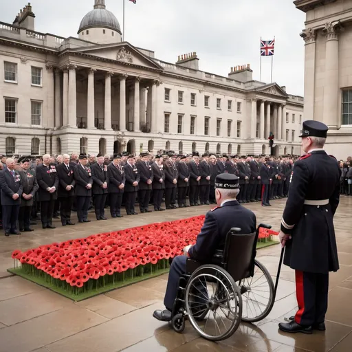 Prompt: Remembrance Day ceremony at Whitehall, London, Cenotaph surrounded by veterans, disabled veteran in wheelchair, solemn and respectful atmosphere, historical architecture, high quality, realistic, traditional, respectful, patriotic, dignified, somber, British flag, uniformed soldiers, poppy flowers, vintage architecture, iconic landmark, overcast lighting