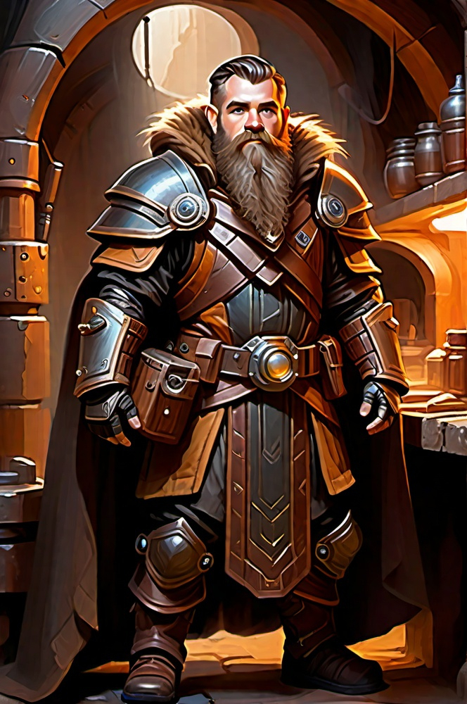 Prompt: electronic painting (full-body) character portrait of sci-fi high-fantasy ((male dwarf artificer)) wearing (dark armored weatherproof great-cloak) over (heavy magitek hi-tech high-fantasy armor) wearing magic-punk goggles and ((((magitek lightning-enchanted hi-tech sci-fi gauntlets)))) standing in a (dwarven artificer's workshop) with (brown hair and beard), (brown eyes) and rounded ears, using a rich color palette and dark gritty tones, professional illustration, painted, painterly, impressionist brushwork, highly detailed facial features, highly detailed background,