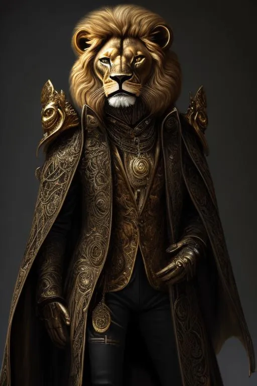 Prompt: Humanoid Lion in a long gold peacoat and wide-brimmed hat, luxurious fabric with intricate details, intense and piercing gaze, fantasy art, opulent gold tones, dramatic lighting, high-res, ultra-detailed, fantasy, luxurious, detailed fur, regal, opulent, extravagant, wide-brimmed hat, humanoid, fierce presence