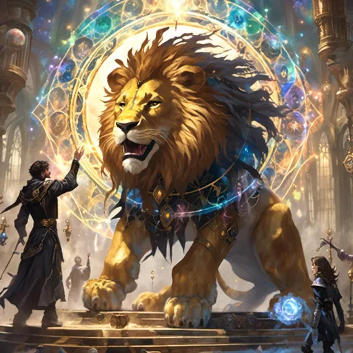 Prompt: <mymodel>A  Mage summoning a humanoid Lion in  artstyle