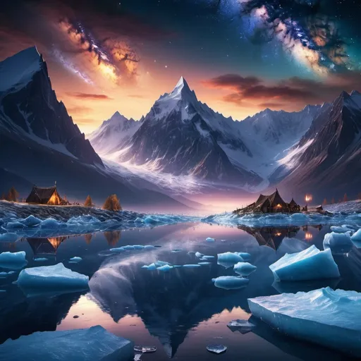 Prompt: metal album cover art, milky way over the ice-capped mountains at sunset, viking village near the lake, dark fantasy, splash art, (best quality)), ((illustration)), ((masterpiece)), hyperrealistic, cinematic lighting 