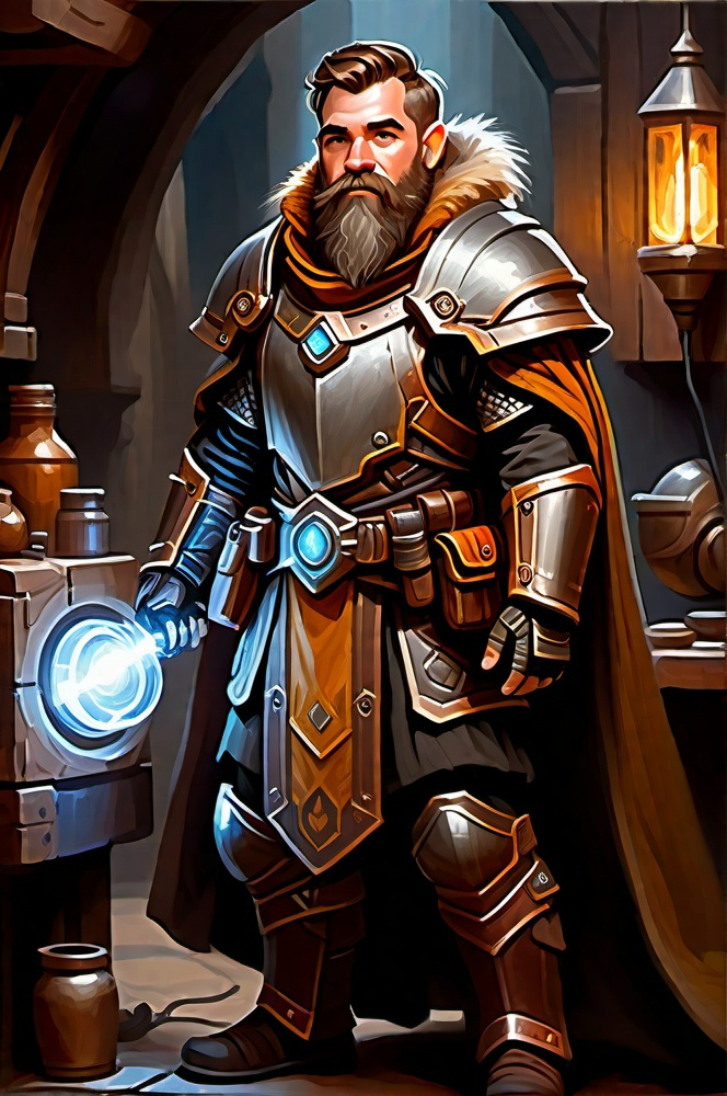 Prompt: electronic painting (full-body) character portrait of sci-fi high-fantasy ((male dwarf artificer)) wearing (dark armored weatherproof great-cloak) over (heavy magitek hi-tech high-fantasy armor) wearing magic-punk goggles and ((((magitek lightning-enchanted hi-tech sci-fi gauntlets)))) standing in a (dwarven artificer's workshop) with (brown hair and beard), (brown eyes) and rounded ears, using a rich color palette and dark gritty tones, professional illustration, painted, painterly, impressionist brushwork, highly detailed facial features, highly detailed background,