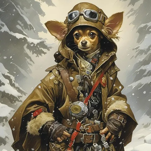 Prompt: <mymodel>A medieval anthropomorphic  

Chihuahua

tinkerer artificer

wearing an artic explorer outfit  with adventuring gear full of pockets and harness holster belts

in the middle  of a  snowstorm

, a stunning Alphonse Mucha's masterpiece in  fantasy  artstyle by Anders Zorn and Joseph Christian Leyendecker

, neat and clear tangents full of negative space 

, a dramatic lighting with detailed shadows and highlights enhancing depth of perspective and 3D volumetric drawing

, a  vibrant and colorful high quality digital  painting in HDR