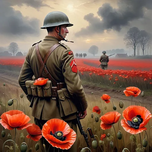 Prompt: Poppy Fields in Flanders, soldiers in battlefield, WW2, vibrant red poppies, somber atmosphere, high quality, realistic, historical, dramatic lighting, detailed soldier uniforms and faces, war-torn landscape, foggy morning, intense emotions, realistic, oil painting, historical, somber tones, dramatic lighting