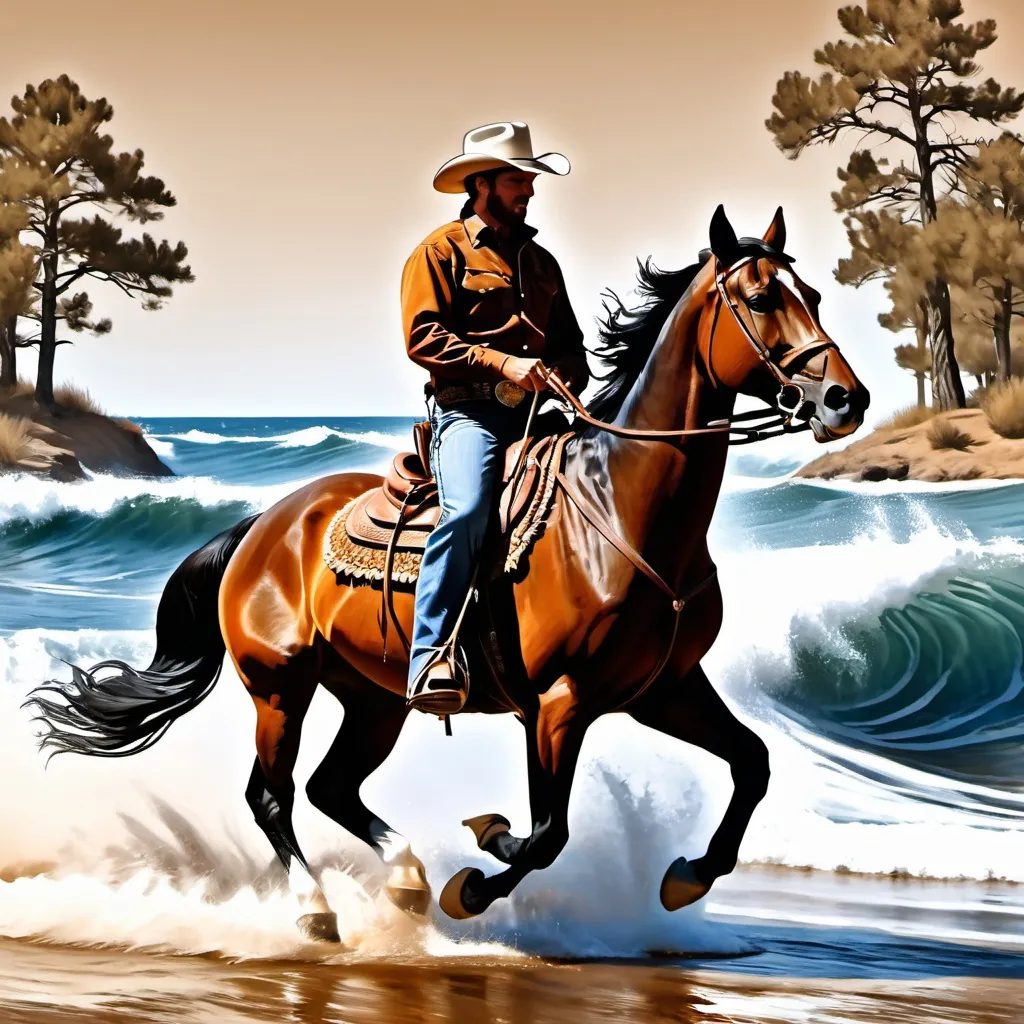 Prompt: a drawing of a cowboy riding a horse in a wood frame with a background of wavy waves and a man in a cowboy hat, Boleslaw Cybis, computer art, highly detailed digital art, a bronze sculpture