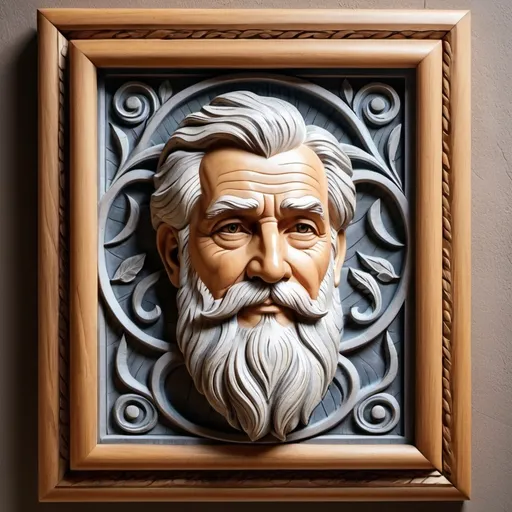 Prompt: Old man with grey hair and beard in 3D bas relief, wooden carved frame, realistic texture, high-quality, detailed craftsmanship, warm lighting