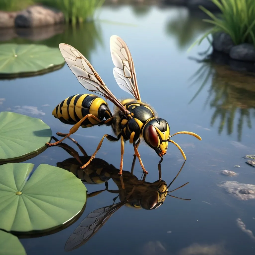 Prompt: hyper realistic wasp over a pond, 3D bas relief, extremely detailed, 4k, HDR, nature, realistic, high definition, detailed texture, detailed wings, intricate details, lifelike, reflective surface, bas relief, pond, realistic lighting