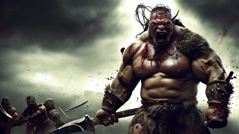 Prompt: Photorealistic depiction of a large muscle-bound orc warrior, wielding an axe and sword, battle-ready on a chaotic battlefield, rugged armor and worn battle scars, intense and fierce expression, dirt and blood splatters, dramatic lighting, high resolution, photorealism, battle scene, detailed weapons, epic fantasy, gritty and realistic, menacing presence, atmospheric environment