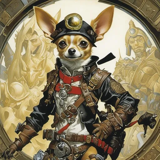 Prompt: <mymodel>A medieval anthropomorphic  

Chihuahua

tinkerer artificer

wearing an artic explorer outfit  with adventuring gear full of pockets and harness holster belts

on a powerful Motorbike

, a stunning Alphonse Mucha's masterpiece in  fantasy  artstyle by Anders Zorn and Joseph Christian Leyendecker

, a dramatic lighting with detailed shadows and highlights enhancing depth of perspective and 3D volumetric drawing

, a  vibrant and colorful high quality digital  painting in HDR