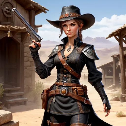 Prompt: Dungeons and Dragons character art of petite female gunslinger, she's noble and gambling charlatan, she wears a black peasant dress and holds a pepperbox firearm gun, digital art, high detailed, masterpiece, dynamic pose shooting sniper, Percival de Rolo as female