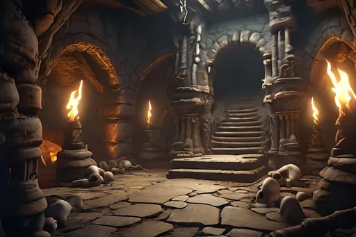 Prompt: In Image, Create a highly detailed, ultra high definition, photo-realistic, intricately detailed textures, image of a dungeon with many bones on the floor, dark features, cave. Full body, centered, fantasy setting, character concept, cinematic, colorful background, concept art, dramatic lighting, highly detailed, hyper realistic, intricate sharp details, octane render, smooth, ultra studio lighting, perfect shading and shadows, trending on art station, 64k, HDR, unreal engine, emotive, cgi, animated, character art, iridescent, metallic.