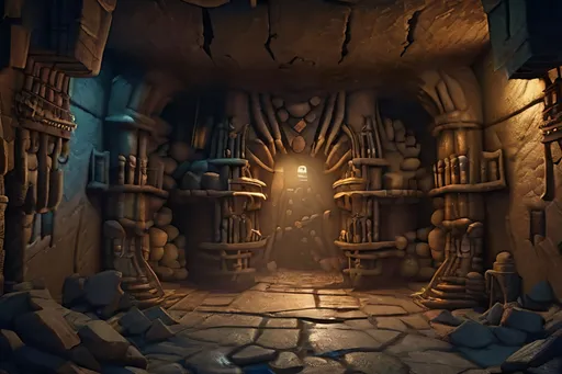 Prompt: In Image, Create a highly detailed, ultra high definition, photo-realistic, intricately detailed textures, image of a dungeon with many bones on the floor, dark features, cave. Full body, centered, fantasy setting, character concept, cinematic, colorful background, concept art, dramatic lighting, highly detailed, hyper realistic, intricate sharp details, octane render, smooth, ultra studio lighting, perfect shading and shadows, trending on art station, 64k, HDR, unreal engine, emotive, cgi, animated, character art, iridescent, metallic.