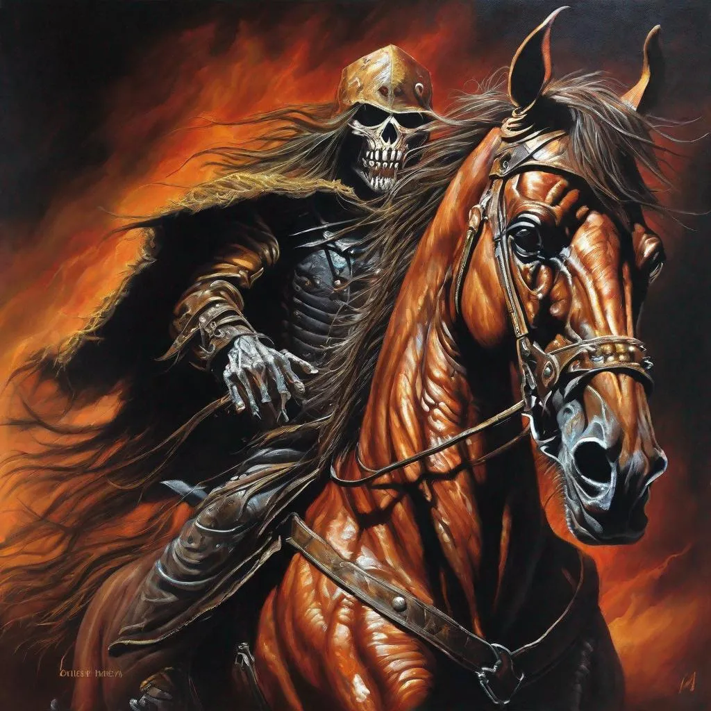 Prompt: Eddie from Iron Maiden as the horseman, oil painting, detailed facial features, menacing and apocalyptic vibe, high quality, dark and intense, heavy metal, detailed horse anatomy, fiery color tones, dramatic lighting, epic and grandiose, oil painting, detailed facial features, menacing, apocalyptic, horseman, heavy metal, fiery tones, dramatic lighting, epic