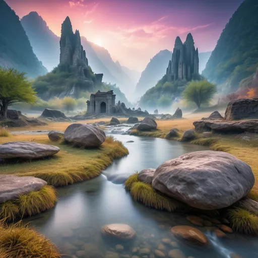 Prompt: Fantasy mountain valley with river, long-exposure water, 4K HDR, 3D bas relief, misty atmosphere, ancient ruins, mystical aura, detailed rock formations, vibrant nature, magical lighting, surreal landscape, high quality, fantasy, long-exposure water, 3D bas relief, mystical atmosphere, ancient ruins, vibrant nature, magical lighting, surreal landscape, detailed rocks, misty aura, HDR, 4K