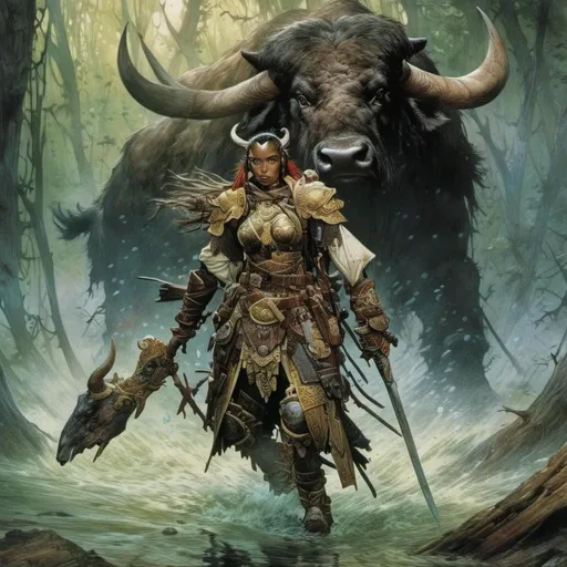 Prompt: <mymodel>A  full body portrait for the concept character design of 

a threatening fierceful anthropomorphic buffalo
paladin crossing a gloomy flooded mangroove
, a stunning Frank Frazetta masterpiece by  Donato  Giancola  and  Terese Nielsen

, neat and clean composition made of neat and clear tangents full of negative space 

, ominous dramatic lighting with detailed shadows and highlights enhancing depth of perspective and 3D volumetric drawing

, a vibrant and colorful painting in HDR