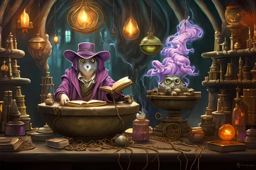 Prompt: Magician working in a mystical laboratory, bubbling cauldron with magical smoke, wise owl perched on a stack of ancient tomes, fantasy setting, high-res, fantasy art, magical atmosphere, detailed lab equipment, mystical lighting, enchanting colors, fantasy, wizard, magical creatures, ancient scrolls, intricate details, professional quality