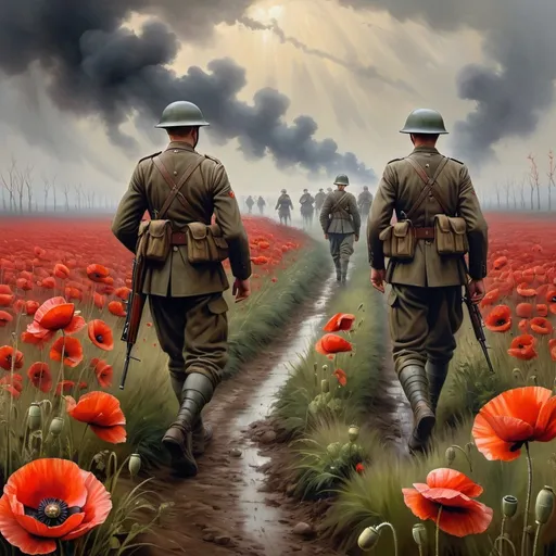 Prompt: Poppy Fields in Flanders, soldiers in battlefield, WW2, vibrant red poppies, somber atmosphere, high quality, realistic, historical, dramatic lighting, detailed soldier uniforms and faces, war-torn landscape, foggy morning, intense emotions, realistic, oil painting, historical, somber tones, dramatic lighting