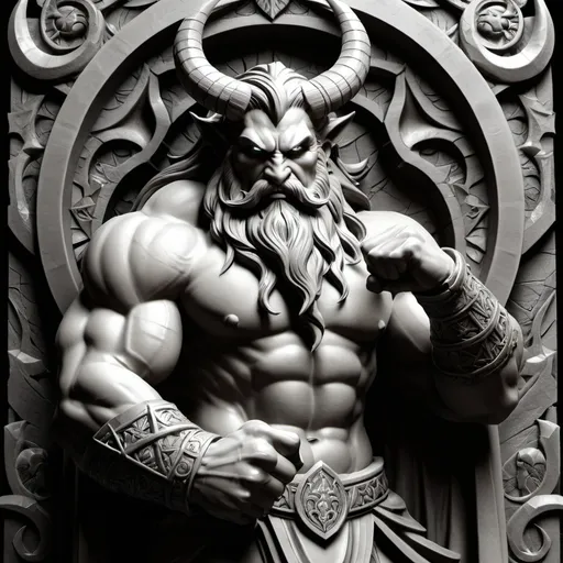 Prompt: a drawing of a demon with horns and a beard, holding a fist up to his chest and a fist in his other hand, Ed Binkley, sumatraism, elden ring, concept art,3d Bas relief