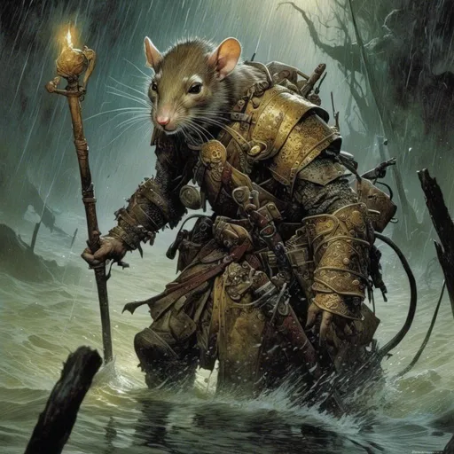 Prompt: <mymodel>A  full body portrait for the concept character design of 

a threatening fierceful anthropomorphic rat,
paladin crossing a gloomy flooded mangroove in  the middle  of a  rainstorm

, a stunning Frank Frazetta masterpiece by  Donato  Giancola  and  Terese Nielsen

, neat and clean composition made of neat and clear tangents full of negative space 

, ominous dramatic lighting with detailed shadows and highlights enhancing depth of perspective and 3D volumetric drawing

, a vibrant and colorful painting in HDR