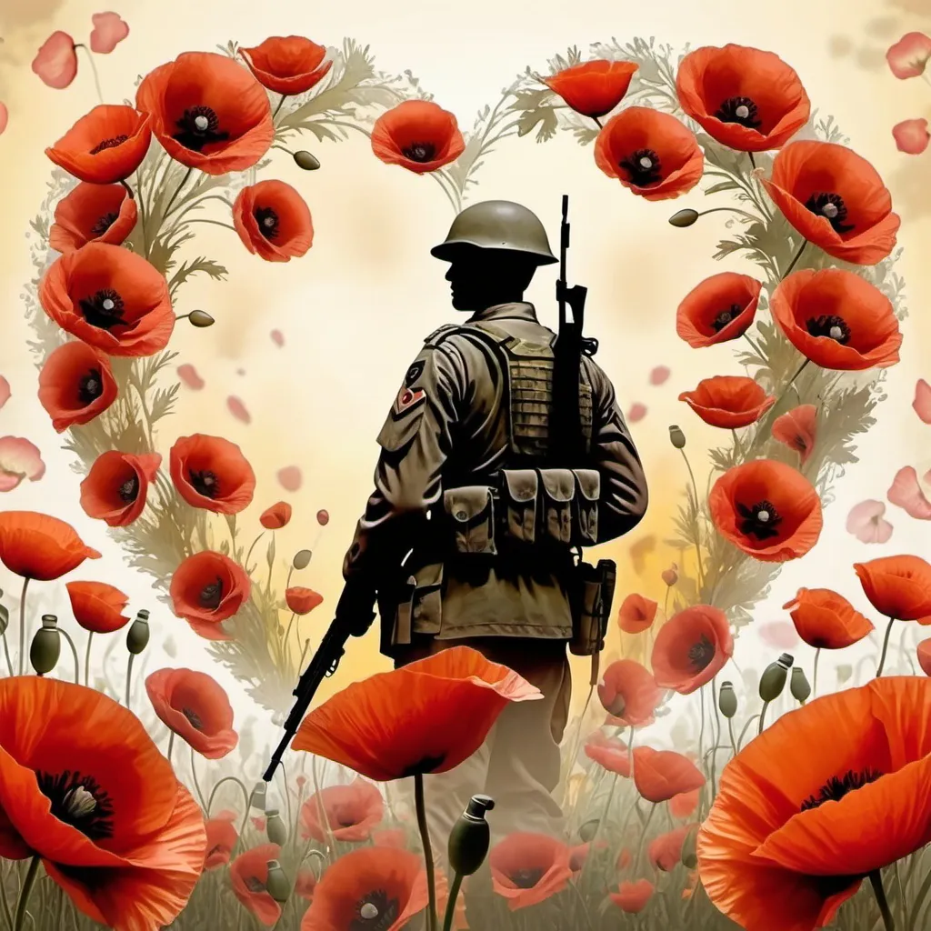 Prompt: Large heart shape with several semi-transparent poppies and , soldier silhouette paying respect in the centre ,dominant center poppy, yellowish mottled background, 4K quality, semi-realistic style, warm tones, soft lighting, detailed petals, floral design, ethereal atmosphere, semi-transparent, detailed, soft lighting, floral, warm tones, high quality, semi-realistic, poppies, large heart shape, detailed background