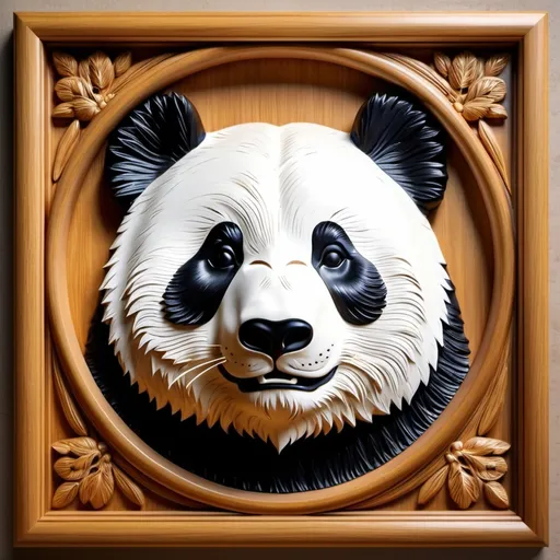 Prompt: Panda Bear Head in 3D bas relief, wooden carved frame, realistic texture, high-quality, detailed craftsmanship, warm lighting