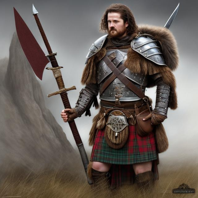 Prompt: Traditional Scottish warrior, detailed leather armor, kilt, sporen, axe and sword, well-kept leather, high quality, realistic, detailed, historical, rugged, traditional, earthy tones, dramatic lighting,electronic painting (full-body) character portrait of sci-fi high-fantasy