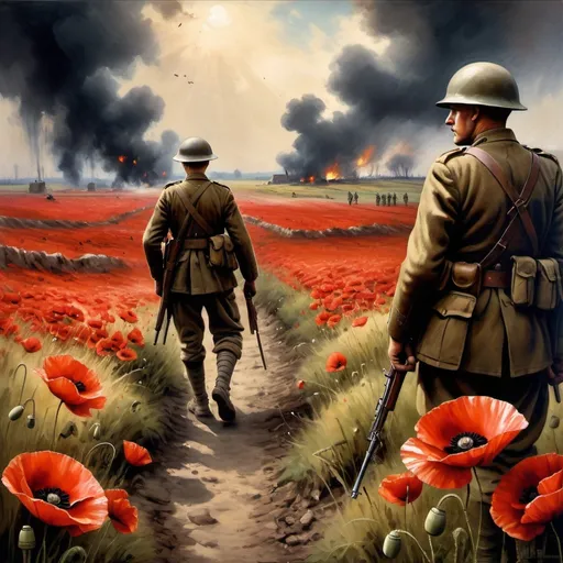 Prompt: World War One battlefield, Soldiers in trenches, soldiers in uniform, vibrant poppies, gritty and realistic, oil painting, war-torn landscape, intense and dramatic lighting, high resolution, realistic, somber color tones, detailed soldiers, historical, poppy field, traditional art style, dramatic shadows, emotional, war scene, intense atmosphere
