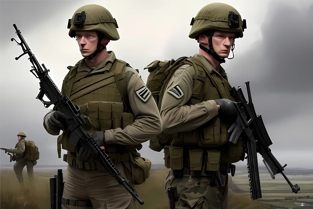 Prompt: Modern-day British army soldier with SA 80 rifle, modern equipment, pouches, and webbing, oil painting, high quality, realistic, detailed uniform, intense military atmosphere, professional lighting, modern weaponry, army uniform, best quality, oil painting, realistic, detailed equipment, soldier with SA 80 rifle, modern pouches and webbing