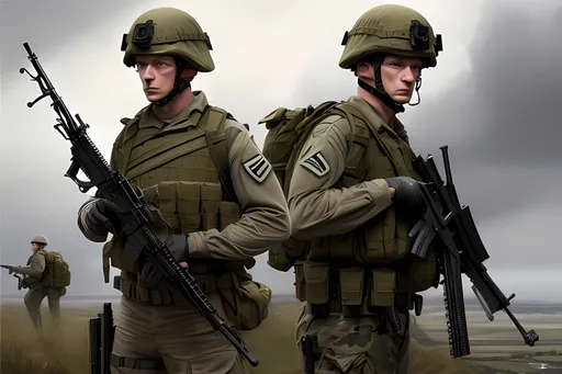 Prompt: Modern-day British army soldier with SA 80 rifle, modern equipment, pouches, and webbing, oil painting, high quality, realistic, detailed uniform, intense military atmosphere, professional lighting, modern weaponry, army uniform, best quality, oil painting, realistic, detailed equipment, soldier with SA 80 rifle, modern pouches and webbing