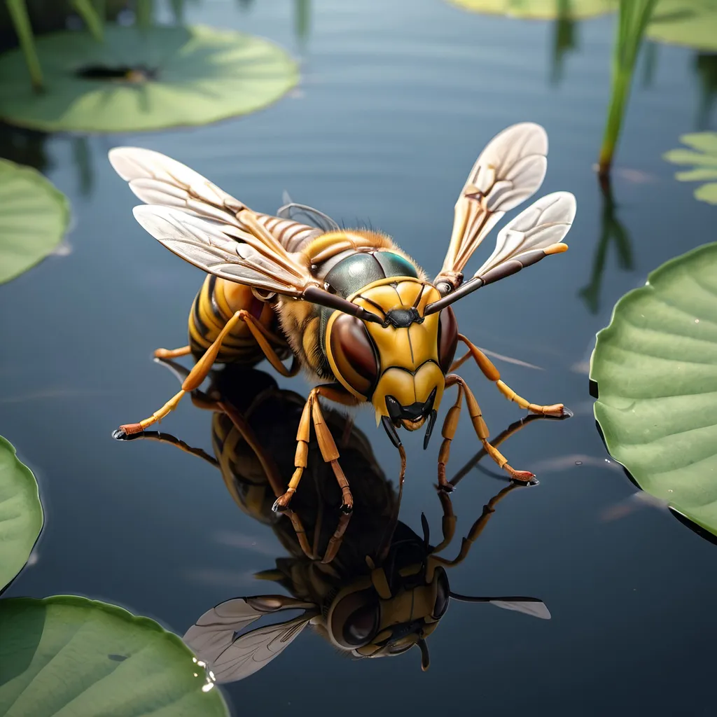 Prompt: hyper realistic hornet over a pond, 3D bas relief, extremely detailed, 4k, HDR, nature, realistic, high definition, detailed texture, detailed wings, intricate details, lifelike, reflective surface, bas relief, pond, realistic lighting