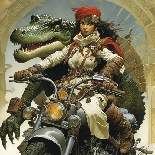 Prompt: <mymodel>A medieval anthropomorphic  

Crocodile

tinkerer artificer

wearing an artic explorer outfit  with adventuring gear full of pockets and harness holster belts

on a powerful Motorbike

, a stunning Alphonse Mucha's masterpiece in  fantasy  artstyle by Anders Zorn and Joseph Christian Leyendecker

, a dramatic lighting with detailed shadows and highlights enhancing depth of perspective and 3D volumetric drawing

, a  vibrant and colorful high quality digital  painting in HDR