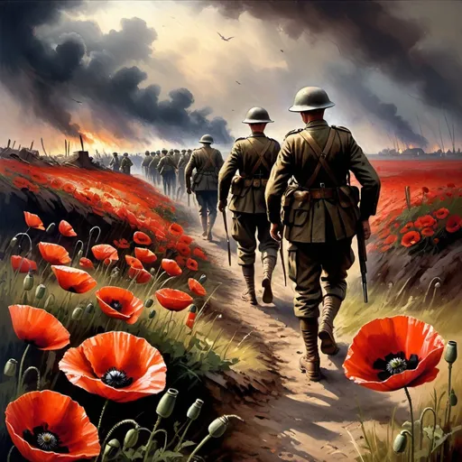 Prompt: World War One battlefield, Soldiers in trenches, soldiers in uniform, vibrant poppies, gritty and realistic, oil painting, war-torn landscape, intense and dramatic lighting, high resolution, realistic, somber color tones, detailed soldiers, historical, poppy field, traditional art style, dramatic shadows, emotional, war scene, intense atmosphere