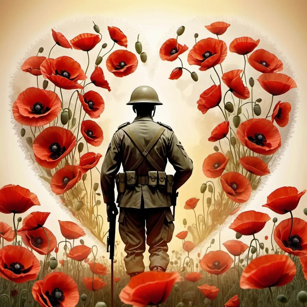 Prompt: Large heart shape with several semi-transparent poppies and , soldier silhouette paying respect in the centre ,dominant center poppy, yellowish mottled background, 4K quality, semi-realistic style, warm tones, soft lighting, detailed petals, floral design, ethereal atmosphere, semi-transparent, detailed, soft lighting, floral, warm tones, high quality, semi-realistic, poppies, large heart shape, detailed background