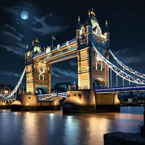 Prompt: Thames, Tower Bridge, London, urban landscape, city lights, cool tones, nighttime, detailed architecture, high quality, digital painting, professional, atmospheric lighting
