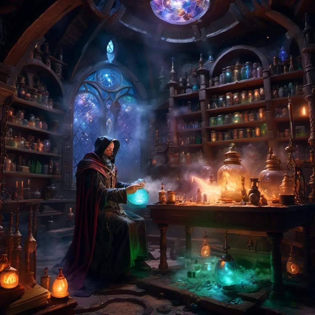 Prompt: <mymodel>A mage brewing potions in his laboratory, mystical cauldron, magical atmosphere, detailed wizard robes, ancient spell books, glowing potion ingredients, swirling mist, high-quality, fantasy, mystical, detailed potion brewing, atmospheric lighting