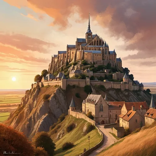 Prompt: Beautiful, detailed digital painting of Mont St. Michael, picturesque French landscape, medieval abbey and village, sunset glow, warm color tones, high quality, digital painting, medieval architecture, picturesque landscape, warm sunset glow, detailed textures, professional, atmospheric lighting
