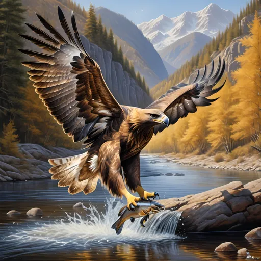 Prompt: Golden eagle catching a fish in a beautiful river, realistic oil painting, sparkling water, vibrant golden feathers, detailed fish scales, majestic eagle, serene landscape, high quality, realistic, detailed feathers, river, wildlife art, natural lighting