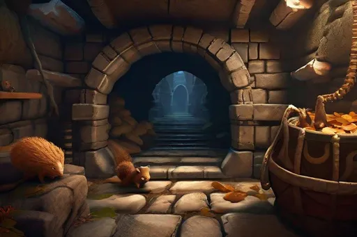 Prompt: In Image, Create a highly detailed, ultra high definition, photo-realistic, intricately detailed textures, image of a dungeon with 2 passageways, a right and a left way to go, with many bones on the floor, dark features, cave. many small brown squirrels running around, Full body, centered, fantasy setting, character concept, cinematic, colorful background, concept art, dramatic lighting, highly detailed, hyper realistic, intricate sharp details, octane render, smooth, ultra studio lighting, perfect shading and shadows, trending on art station, 64k, HDR, unreal engine, emotive, cgi, animated, character art, iridescent, metallic.