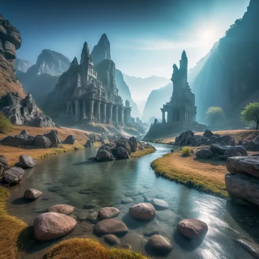 Prompt: Fantasy mountain valley with river, long-exposure water, 4K HDR, 3D bas relief, misty atmosphere, ancient ruins, mystical aura, detailed rock formations, vibrant nature, magical lighting, surreal landscape, high quality, fantasy, long-exposure water, 3D bas relief, mystical atmosphere, ancient ruins, vibrant nature, magical lighting, surreal landscape, detailed rocks, misty aura, HDR, 4K