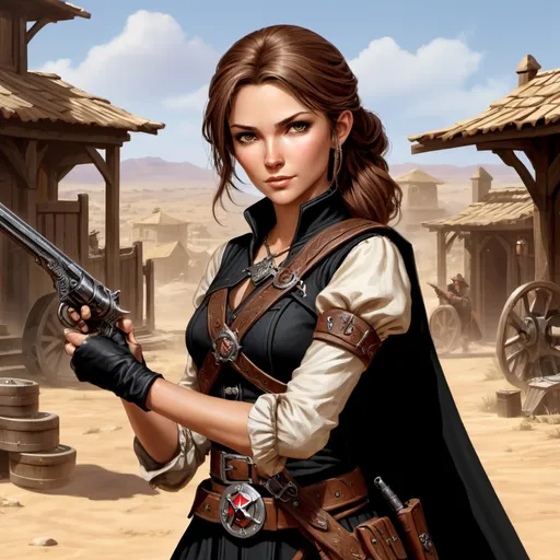 Prompt: Dungeons and Dragons character art of petite female gunslinger, she's noble and gambling charlatan, she wears a black peasant dress and holds a pepperbox firearm gun, digital art, high detailed, masterpiece, dynamic pose shooting sniper, Percival de Rolo as female