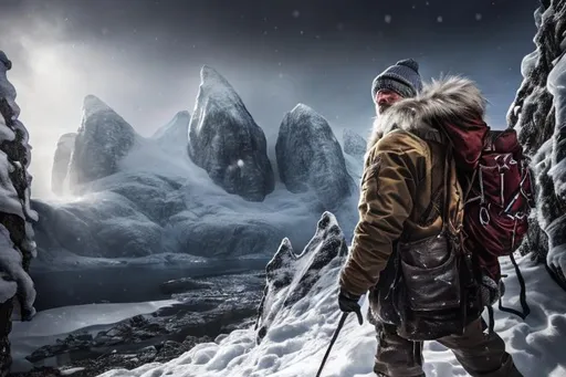 Prompt: Arctic explorer in snowy mountains, highly detailed, detailed facial features, ice and snow textures, highres, realistic, rugged terrain, winter gear, professional, atmospheric lighting, extreme conditions, frosty atmosphere, detailed equipment, adventure, cold tones, detailed fur and fabric, mountainous landscape, detailed backpack and tools, detailed facial features, snowy peaks, detailed ice, realistic snow, blizzard conditions, intense gaze