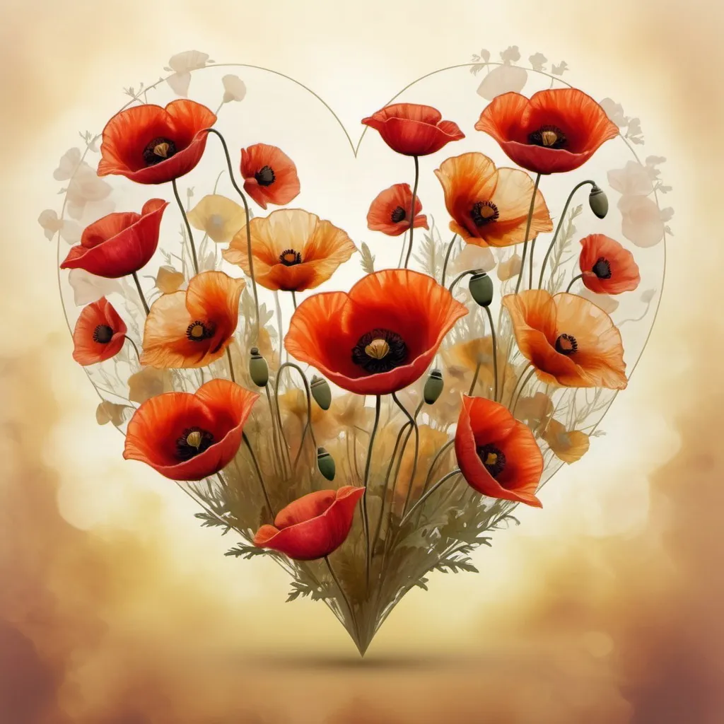 Prompt: Large heart shape with several semi-transparent poppies, dominant center poppy, yellowish mottled background, 4K quality, semi-realistic style, warm tones, soft lighting, detailed petals, floral design, ethereal atmosphere, soldier silhouette paying respect, semi-transparent, detailed, soft lighting, floral, warm tones, high quality, semi-realistic, poppies, large heart shape, detailed background