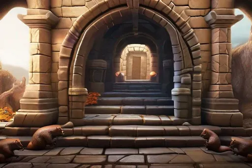 Prompt: In Image, Create a highly detailed, ultra high definition, photo-realistic, intricately detailed textures, image of a dungeon with 2 passageways, a right and a left way to go, with many bones on the floor, dark features, cave. many small brown squirrels running around, Full body, centered, fantasy setting, character concept, cinematic, colorful background, concept art, dramatic lighting, highly detailed, hyper realistic, intricate sharp details, octane render, smooth, ultra studio lighting, perfect shading and shadows, trending on art station, 64k, HDR, unreal engine, emotive, cgi, animated, character art, iridescent, metallic.