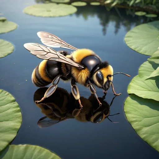 Prompt: hyper realistic Bumble Bee over a pond, 3D bas relief, extremely detailed, 4k, HDR, nature, realistic, high definition, detailed texture, detailed wings, intricate details, lifelike, reflective surface, bas relief, pond, realistic lighting