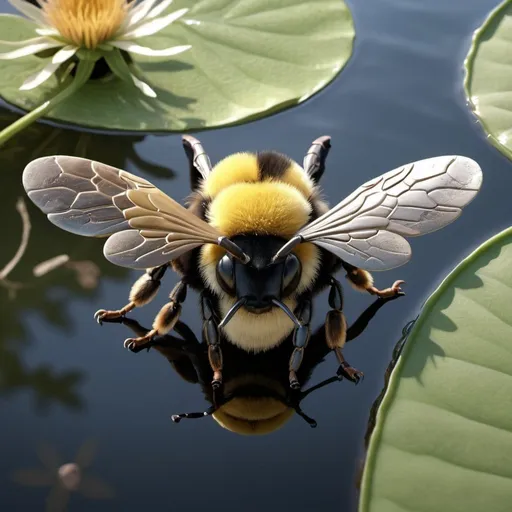 Prompt: hyper realistic Bumble Bee over a pond, 3D bas relief, extremely detailed, 4k, HDR, nature, realistic, high definition, detailed texture, detailed wings, intricate details, lifelike, reflective surface, bas relief, pond, realistic lighting