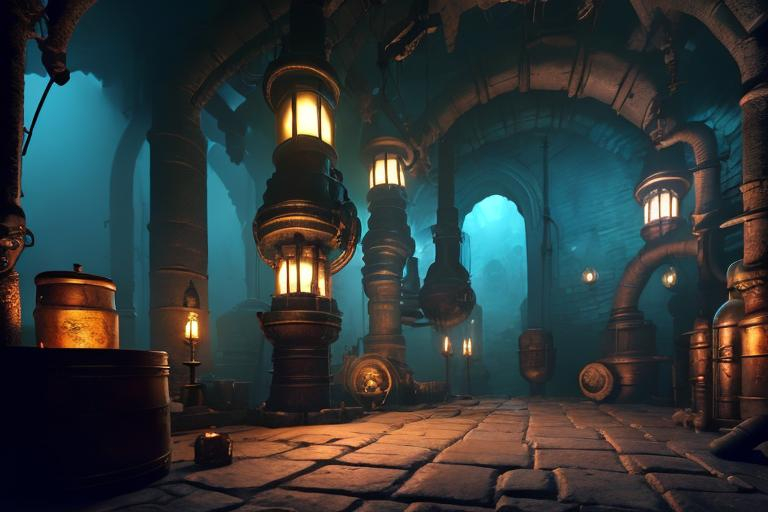 Prompt: D&D Medieval Evil Alchemist's Underground Research Lab in Dungeon,  Dark Sci-fi Fantasy,  lots of flasks filled with magic liquids, black and cyan color scheme, narrative environment concept art scene, mysterious atmosphere, dramatic lighting,  digital art, cryengine render 8 k uhd